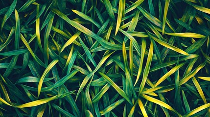 Fototapeta premium Digital illustration of overlapping green and yellow blades of grass against a dark background.