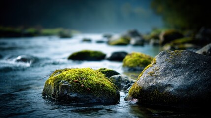 Moss-covered rocks in a tranquil river, showcasing nature's beauty with vibrant green moss and cool blue water in a peaceful, natural environment.