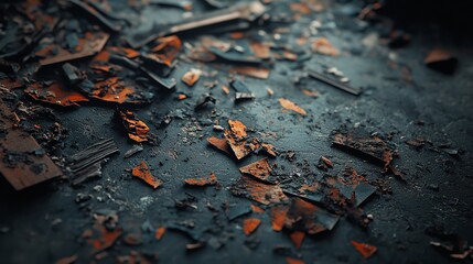 Dark moody texture of scattered rusty fragments on a dark surface close up view with deep shadows and contrast