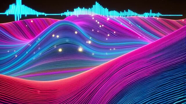Abstract 3d landscape with vibrant waves and audio spectrum visualizer background