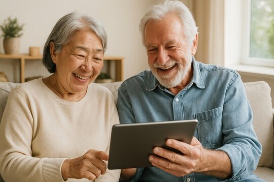 Happy seniors using tablet together.