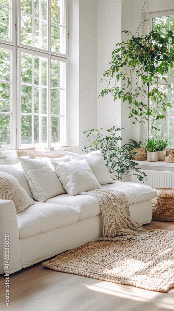 Poster Sunlight streams through large windows illuminating a white sofa adorned with cushions. Green plants in pots create a refreshing ambiance, complementing the cozy decor