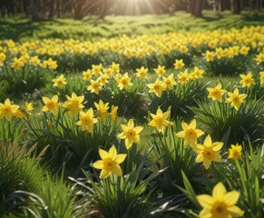Bright daffodils in a lush green meadow bathed in sunlight , outdoor, bloom
