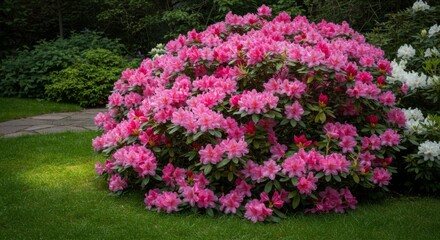 Obraz premium Pink Rhododendron Bush in a Lush Green Garden