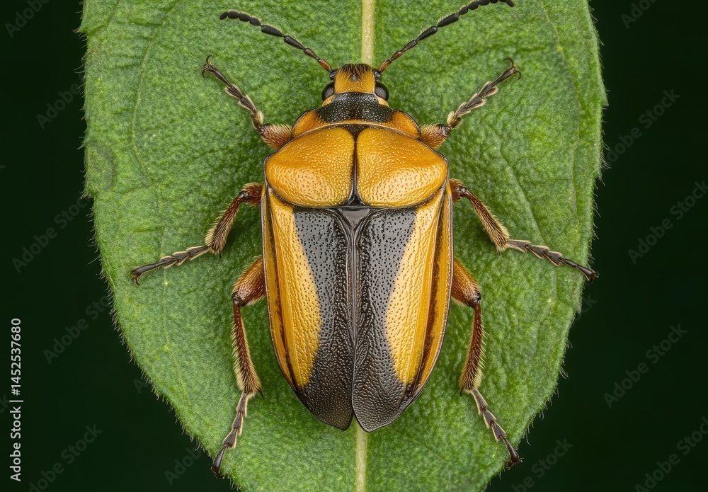 Poster vibrant yellow bug on leaf with detailed patterns and textures in natural environment featuring clos