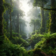 Obraz premium Misty Green Forest Path with Sunlight and Lush Vegetation