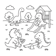 Dinosaur Playground Coloring Page with Slide See-Saw and Trees Outline Art