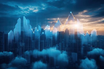 A futuristic city skyline with financial graphs and data visualizations overlaying skyscrapers at sunrise above clouds.