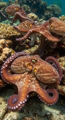 Brown Octopus on Vibrant Coral Reef Underwater