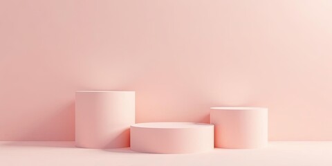Pastel Pink Cylindrical Platforms Against a Soft Pink Background, Ideal for Product Display or Minimalist Design Presentation