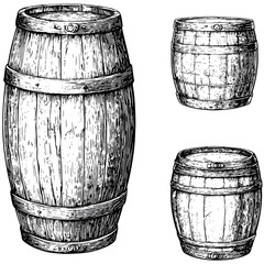 Old engraving bourbon barrel, rum, whisky, beer, wine sketch, hand drawn vector, black woodcut style, vintage alcohol storage illustration, retro brewing barrel vector,
