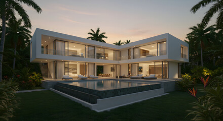 Fototapeta premium Luxury Modern Villa With Pool Surrounded By Tropical Landscape At Twilight