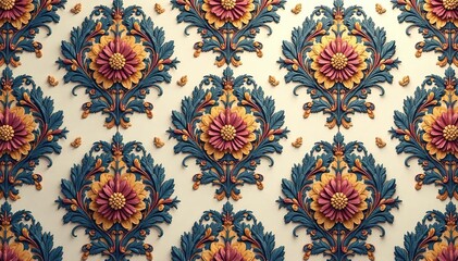 Intricate repeating floral damask pattern in muted tones, damask, flowers