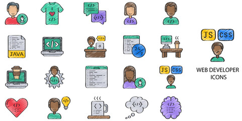 Web Developer simple concept 24 hand drawn color icons set. Contains such programming, coding, computing, developer, program .Vector illustration.
