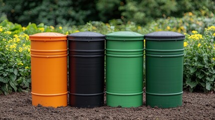 Naklejka premium Colorful Trash Bins in a Garden Setting with Vibrant Flowers