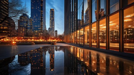 Naklejka premium Urban cityscape at dawn, reflections in a tranquil pool. Modern architecture, city park, tranquil water, illuminated buildings, early morning light