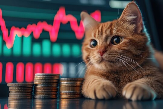A ginger cat sits beside stacked coins with a stock market chart in the background. - Powered by Adobe