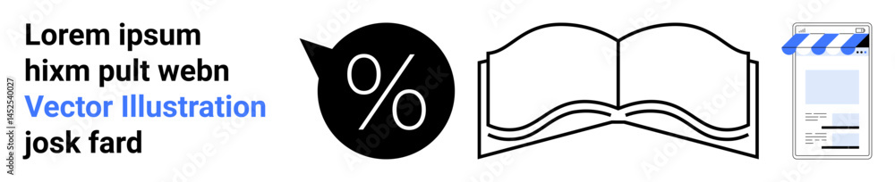 Poster open book symbolizing knowledge, percentage speech bubble for calculations, video clapperboard for m