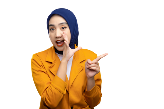 Beautiful young Asian woman whispering to you and pointing finger at copy space isolated on transparent background