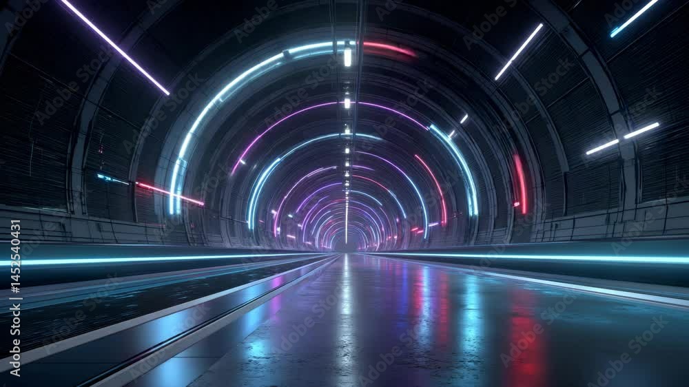 Poster neon tunnel with vibrant lights and reflections in a futuristic setting
