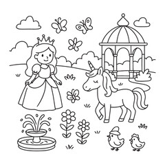 Serene Princess Unicorn Garden Fountain and Birds Coloring Page for Relaxation