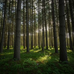 Fototapeta premium Sunlit Pine Forest with Lush Green Undergrowth