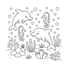 Delightful Underwater Scene with Dolphins Seahorses and Coral in Black and White © zagrapic540
