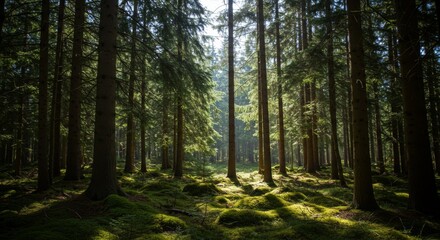 Obraz premium Sunlit Forest Path: Lush Green Trees and Sunlight Dappled Floor