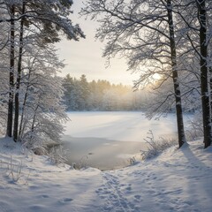 Obraz premium Winter Sunrise Over Frozen Lake in Snowy Forest