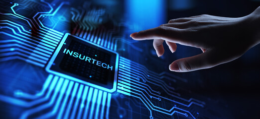 Insurtech button on virtual screen. Insurance technology internet digital iot insured family car...