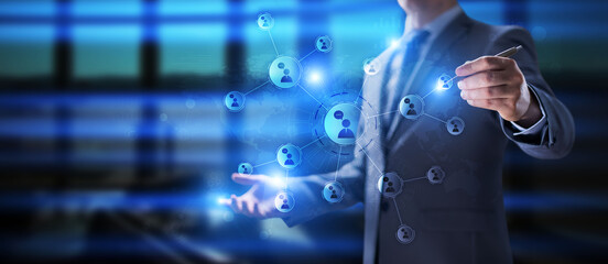 People relations network on virtual screen. Customer communication and social media concept.