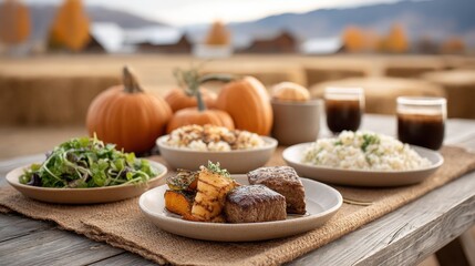 Autumn Harvest BBQ Picnic with Pumpkin Dishes and Grilled Delights