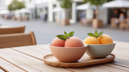 Colorful Melting Gelatos in Pastel Bowls on Wooden Table Outdoors