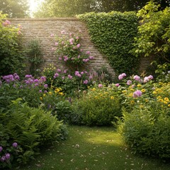 Sunlit Garden with Purple and Yellow Flowers against Stone Wall
