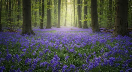 Sunlit Path Through a Bluebell Forest