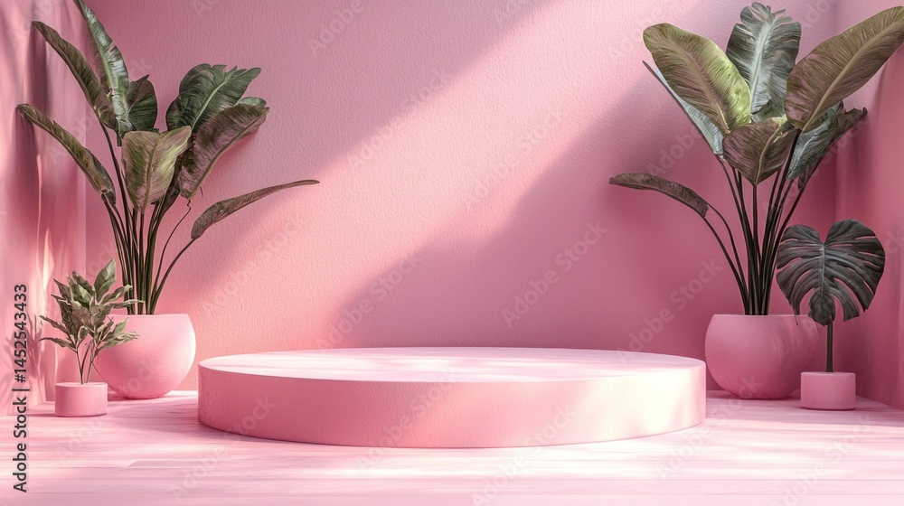 Aufkleber a minimalistic podium stands in the center of a softly lit room. surrounded by lush green plants in 