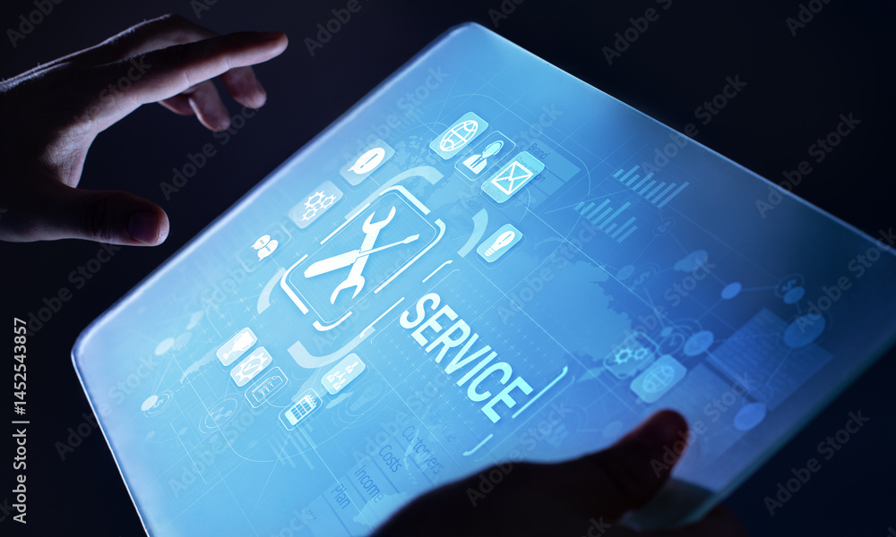 Poster Service support customer help call center Business technology button on virtual screen.