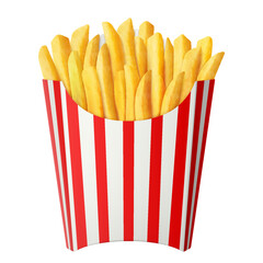 French fries in striped red and white paper french fry box isolated on a white background. Delicious French potato fast food pack box. Realistic 3d vector illustration.