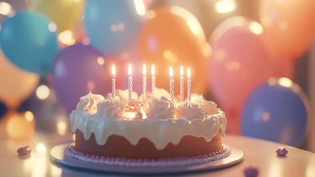 キャンドルが灯る誕生日ケーキと風船の背景