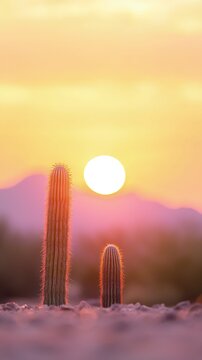 Fototapeta Two Cacti Silhouetted Against a Sunset Mesa
