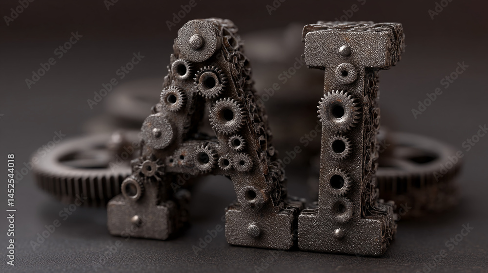 Poster Metal letters AI, constructed from gears and cogs, sit on dark surface, showcasing intricate mechanical design symbolizing artificial intelligence and technology