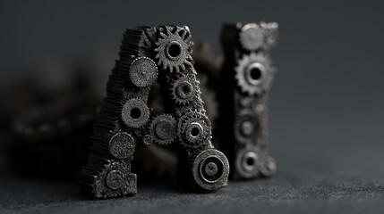Close-up of metallic letters AI formed by gears, showcasing intricate detail and a mechanical concept symbolizing artificial intelligence and technology