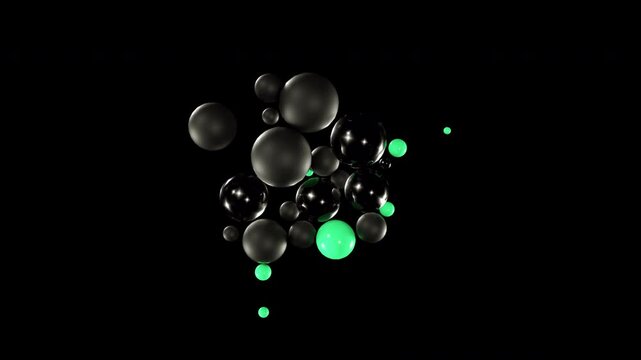 Floating Glossy Black Bubbles with Neon Highlights on Dark Background
