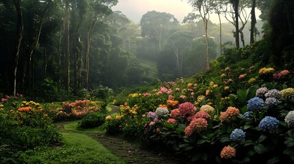 Colorful hydrangea garden path in misty forest