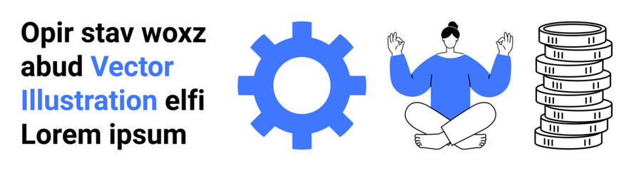 Stack of coins, meditating person, gear. Ideal for finance, mindfulness, productivity, technology wellbeing economics simple landing page. Line metaphor. Simple line icons