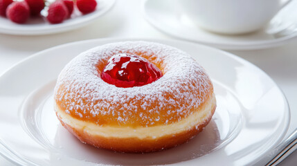 A delightful donut with a sweet jam center, perfectly dusted with powdered sugar, on a plate. A close-up shot of delicious donut topped with red jam and powdered sugar side of raspberries add appeal