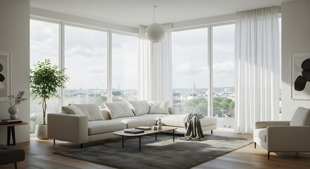 Fototapeta premium Modern Living Room With Panoramic City View And Minimalist Style