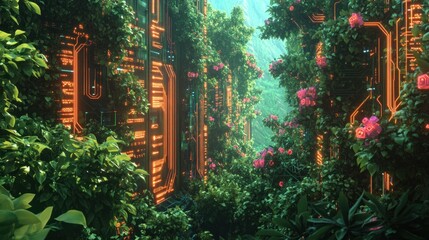 Lush, vibrant, overgrown futuristic structures.  A digital forest with glowing panels and vibrant flora