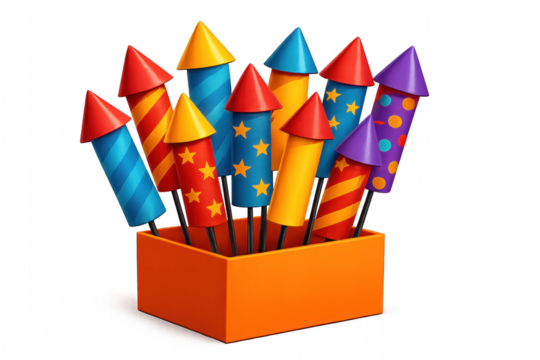 Colorful rockets in a box isolated on transparent background.