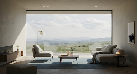 Serene Living Room Interior With Panoramic View Of Rolling Hills And Cloudy Sky